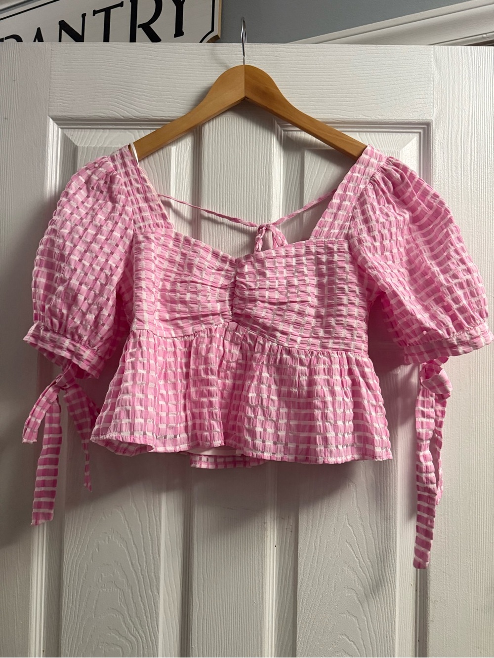 Altar’d State pink and white gingham puff sleeve with ties and a tie in the back